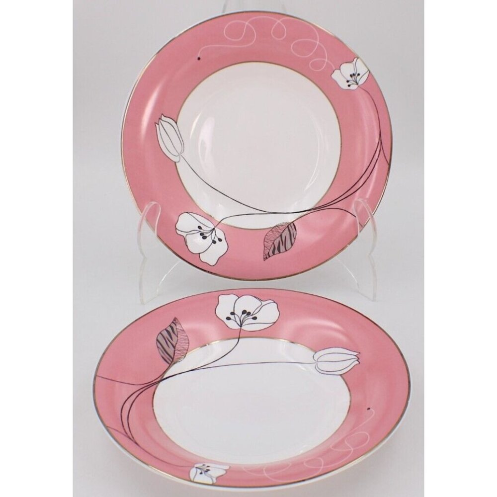 Uniware Opal Glass Cereal Soup Bowls Pink/White Floral Design Set Of 2
